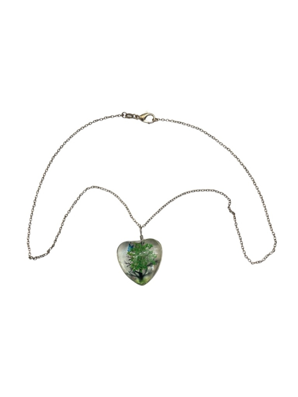 Heart Pendant Necklace with Encased Tree and Butterfly Sterling Silver Chain